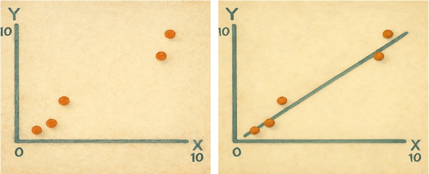 Two side-by-side scatter plots on a beige background. Left: Five orange data points scattered in an upward trend without a line. Right: The same points with a straight diagonal line drawn from bottom left to top right, representing a best-fit line. Both axes are labeled X and Y, ranging from 0 to 10.