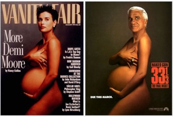 Side-by-side images. Left: The famous Vanity Fair cover featuring Demi Moore nude and pregnant, posed in profile with one arm across her chest and the other hand cradling her belly. Right: A parody image mimicking the pose, featuring an older man with white hair in the same nude, pregnant stance, promoting the film The Naked Gun 33⅓: The Final Insult.