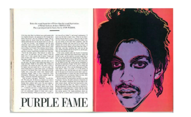 A purple silkscreen portrait of Prince created in 1984 by Andy Warhol to illustrate an article in Vanity Fair seen in context in a magazine opposite a page of text.