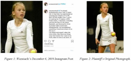 The image shows two side-by-side pictures of a female tennis player in a white outfit holding a tennis ball. On the left, the photograph is included within a screenshot of a December 6, 2019 Instagram post by Caroline Wozniacki, which includes text about her retirement. On the right, the same original photograph is shown alone, capturing her mid-match with focused expression, racket in hand, and ball in her other hand.