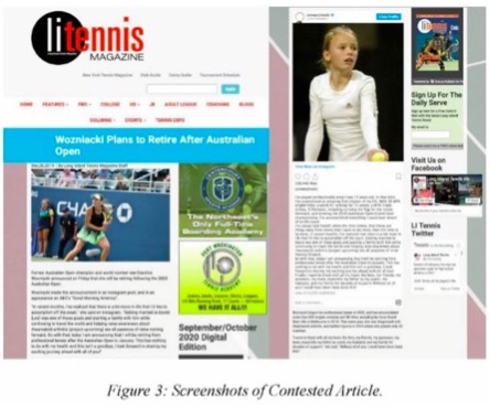 A screenshot of a tennis magazine article. The left side features the LI Tennis Magazine website with a headline reading “Wozniacki Plans to Retire After Australian Open,” accompanied by a photo of Caroline Wozniacki playing tennis. The right side shows her December 6, 2019 Instagram post, including a photograph of her on court in a white outfit holding a tennis ball, alongside her retirement announcement text.