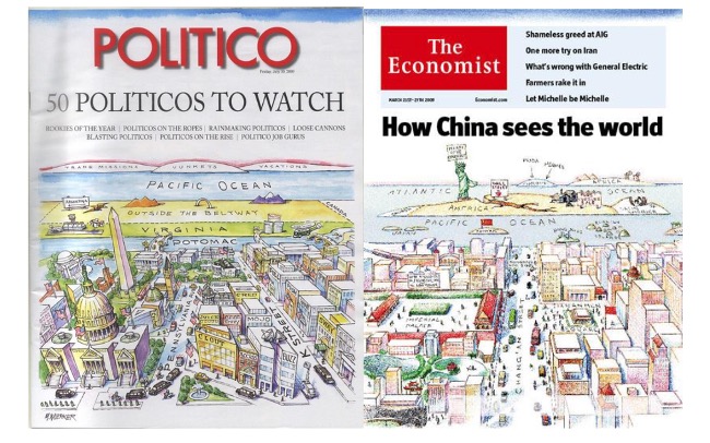 Two magazine covers side by side. On the left, Politico features the headline “50 Politicos to Watch” above an illustration of Washington, D.C., drawn in a cartoon map style with exaggerated perspective, stretching toward the Pacific Ocean. On the right, The Economist cover titled “How China sees the world” uses the same illustrative style, showing China at the forefront with the Pacific and Atlantic Oceans, continents, and cities drawn in a whimsical, compressed scale extending into the distance.