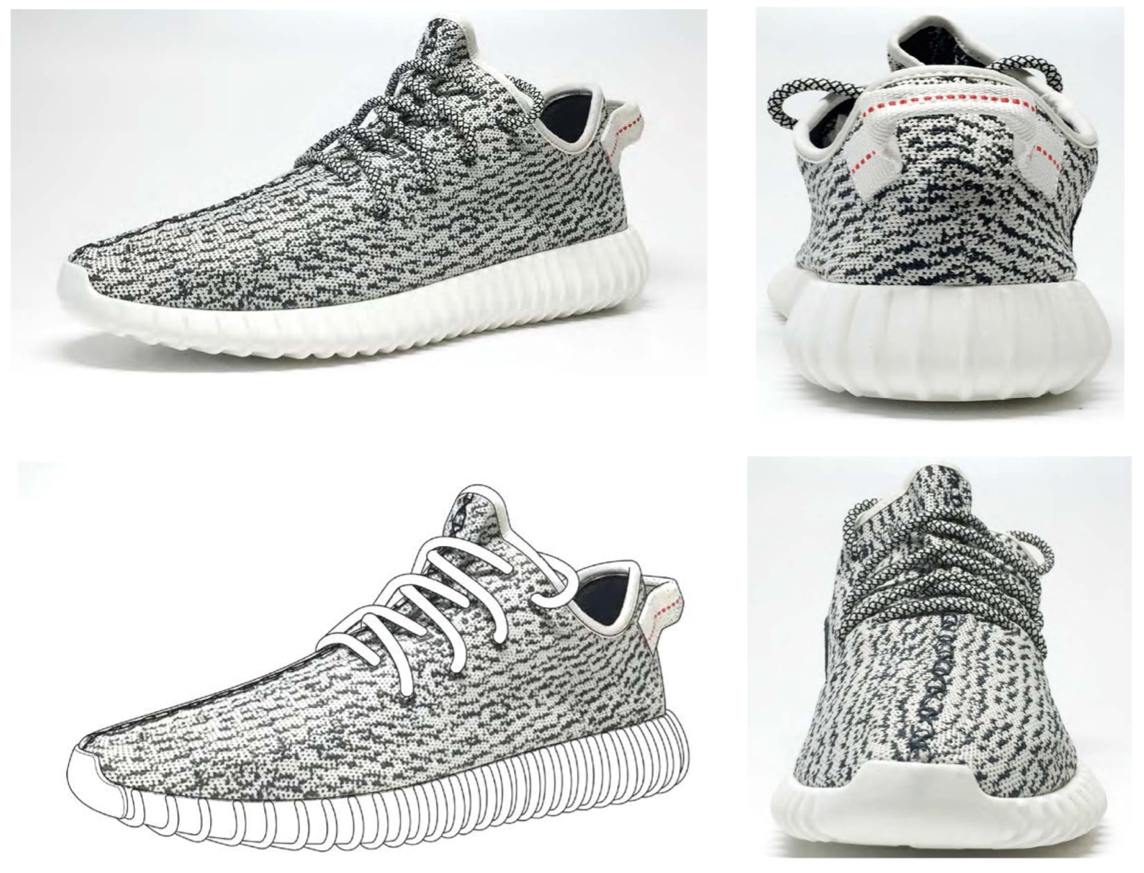 A collage of four views of a sneaker with a knitted, black-and-white patterned upper and thick white ribbed sole.